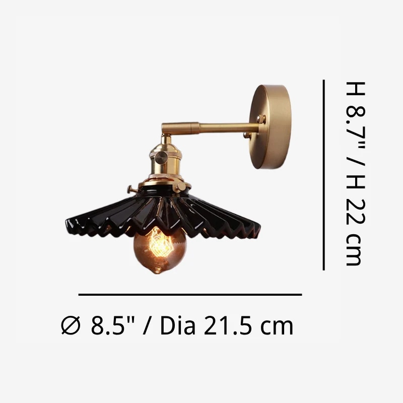 Dimension diagram for black pleated ceramic wall sconce