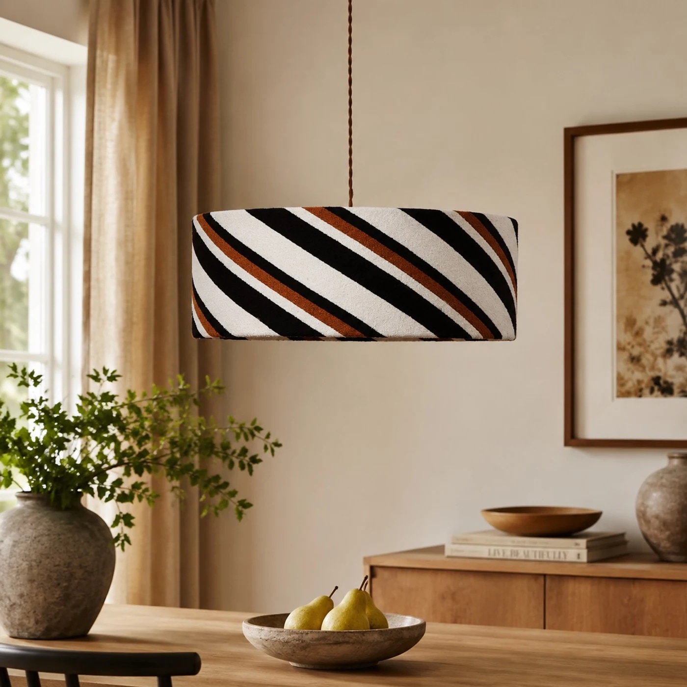 Fabric pendant light above a dining table by a window