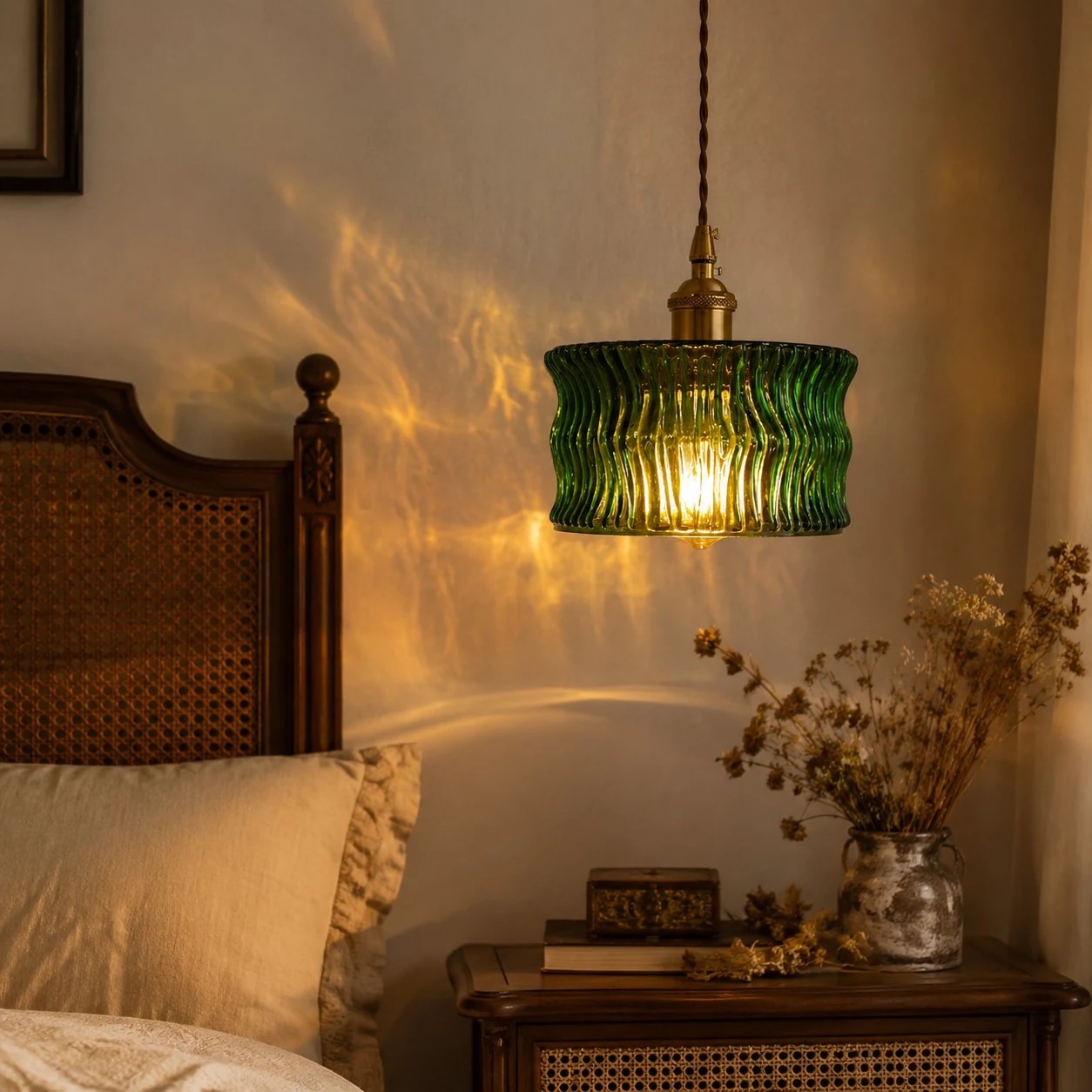 Green ripple glass pendant light glowing beside a bed
