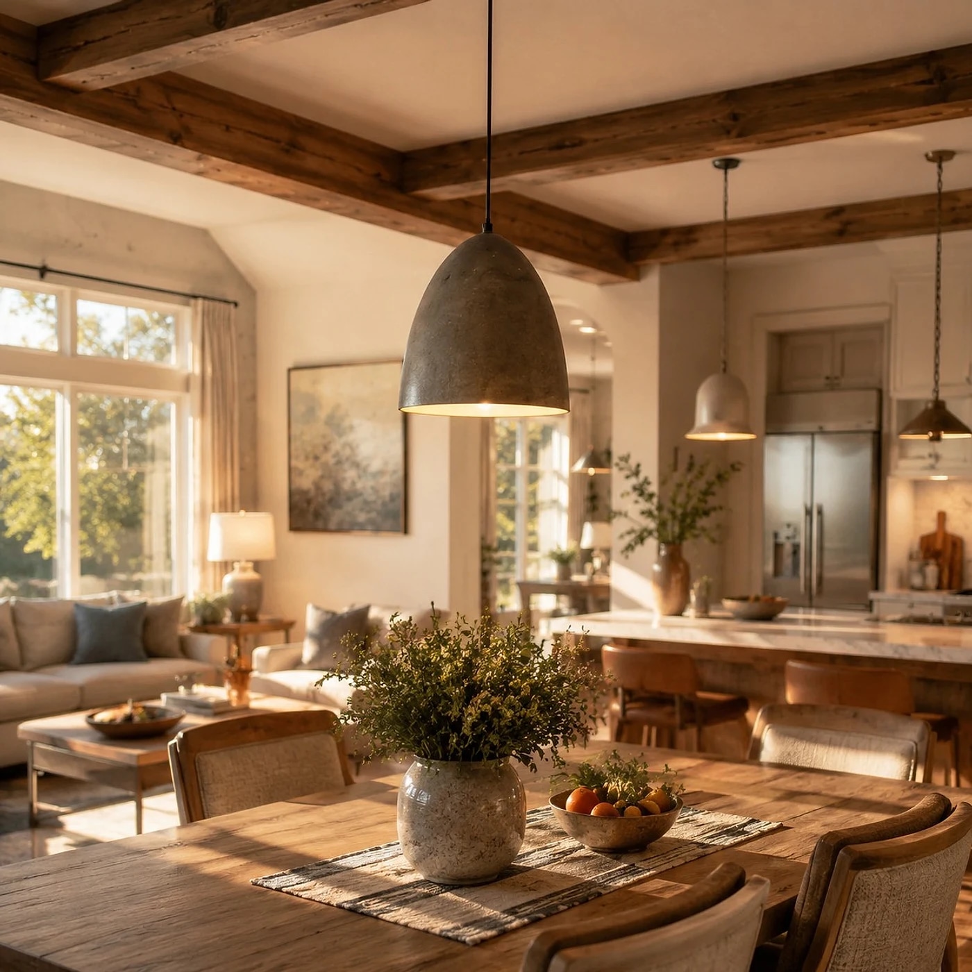 Pendant light installed in an open dining and kitchen space