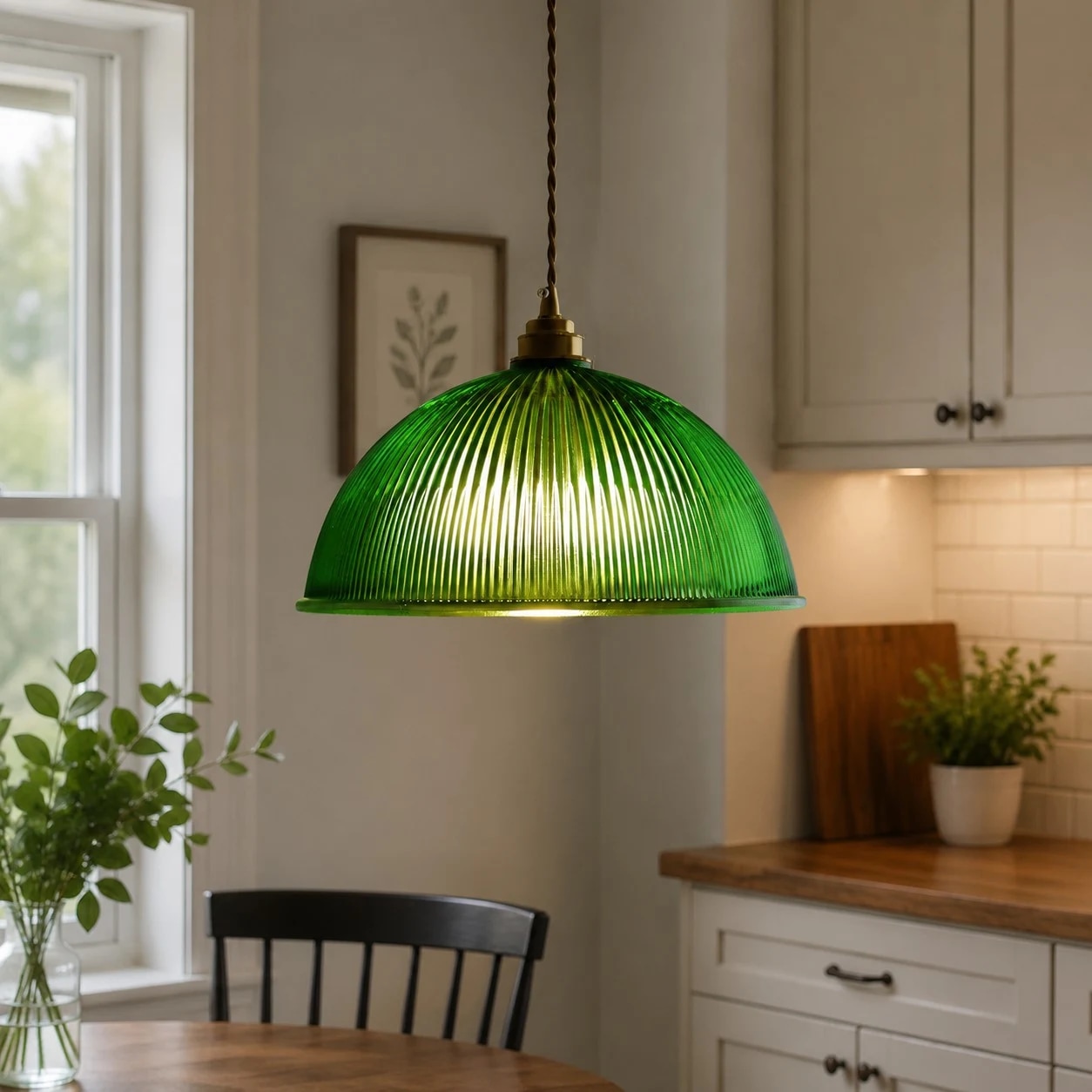 Emerald green ribbed pendant installed above a dining counter