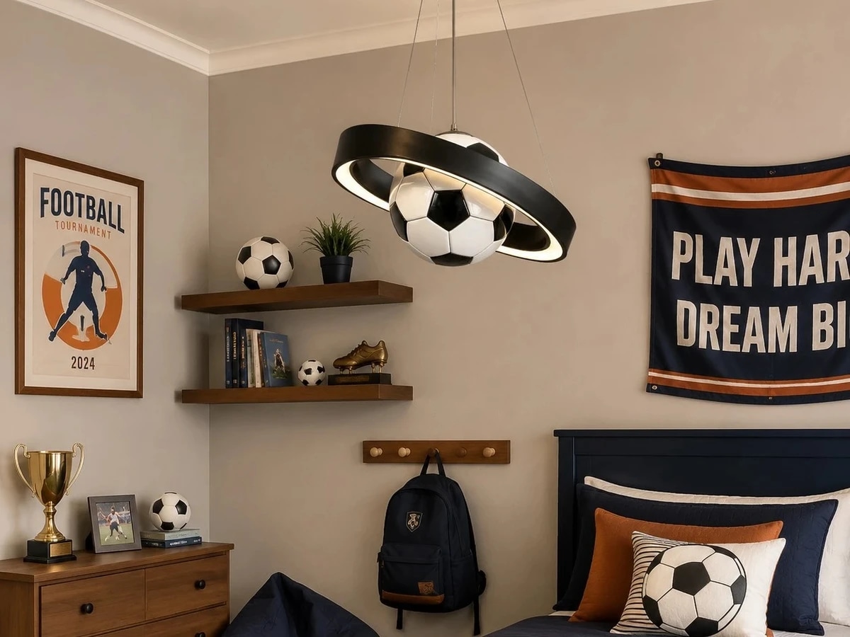 Soccer pendant chandelier over dining table