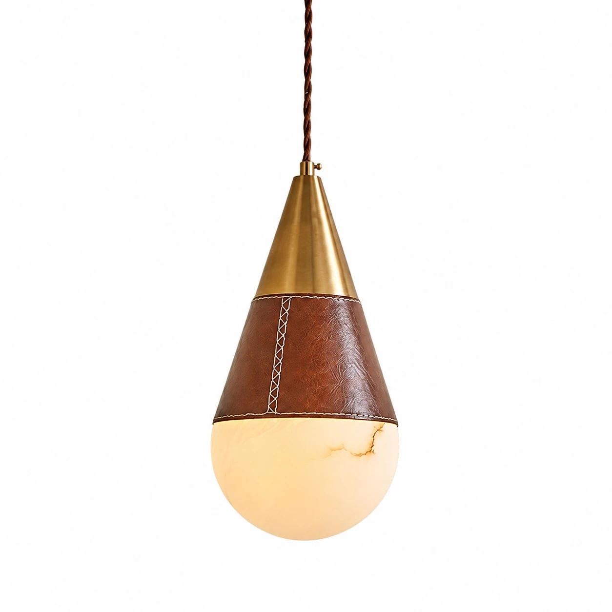 Warm ivory faux marble teardrop pendant light with brown leather and brushed brass finish
