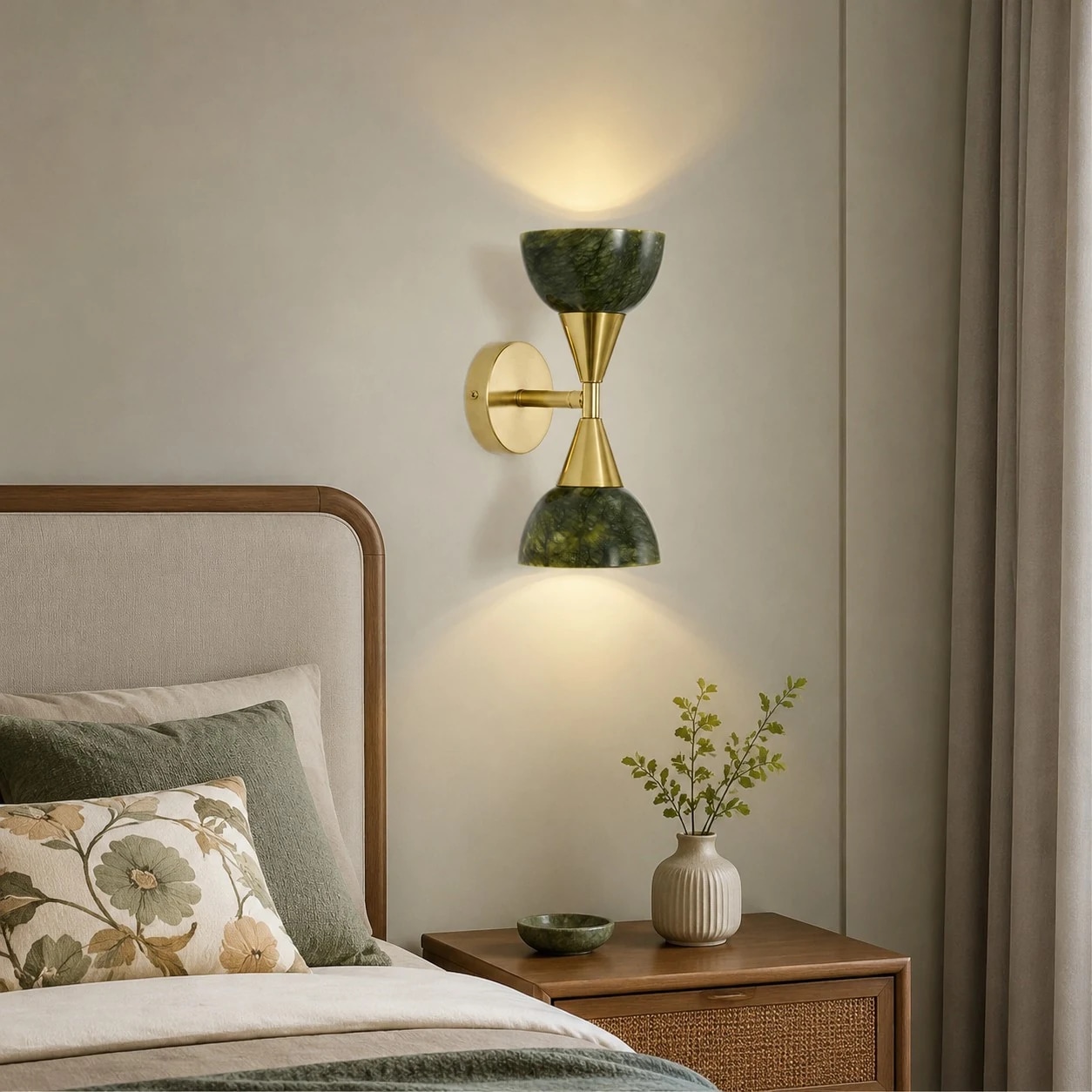 Wall sconce installed beside a bed with warm ambient light