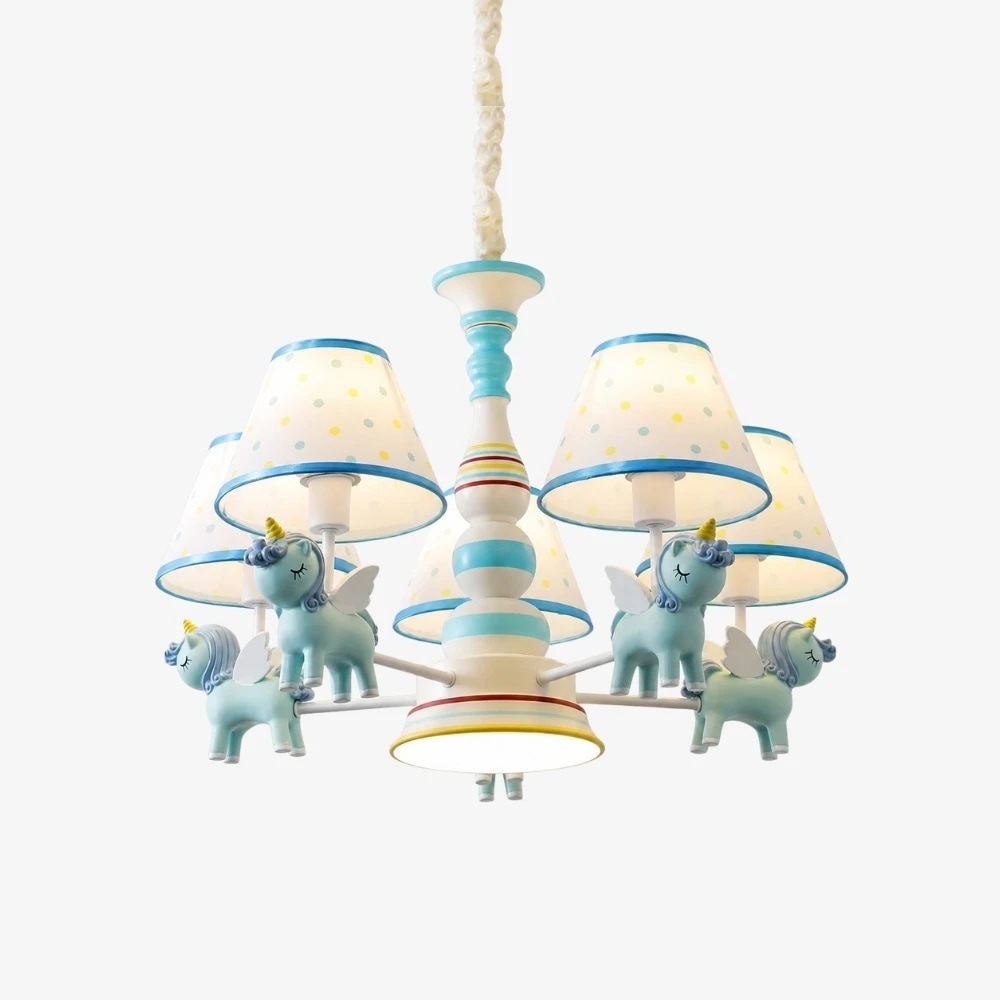 Blue kids room chandelier with five fabric shades