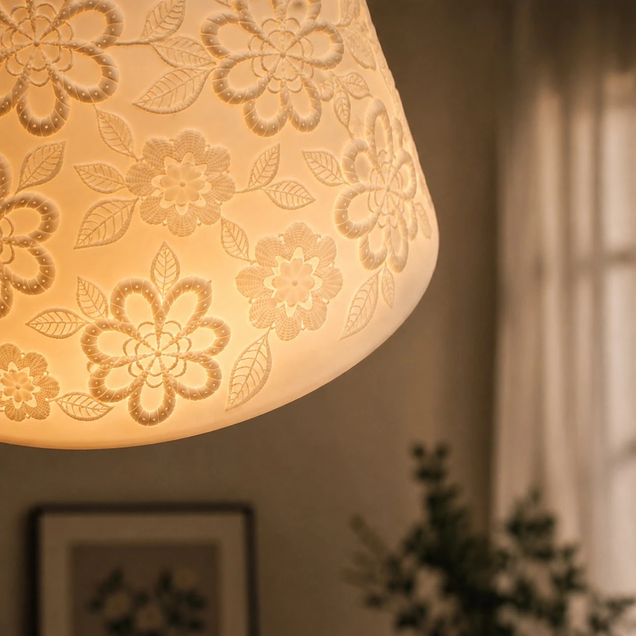 Floral ceramic relief glowing warmly