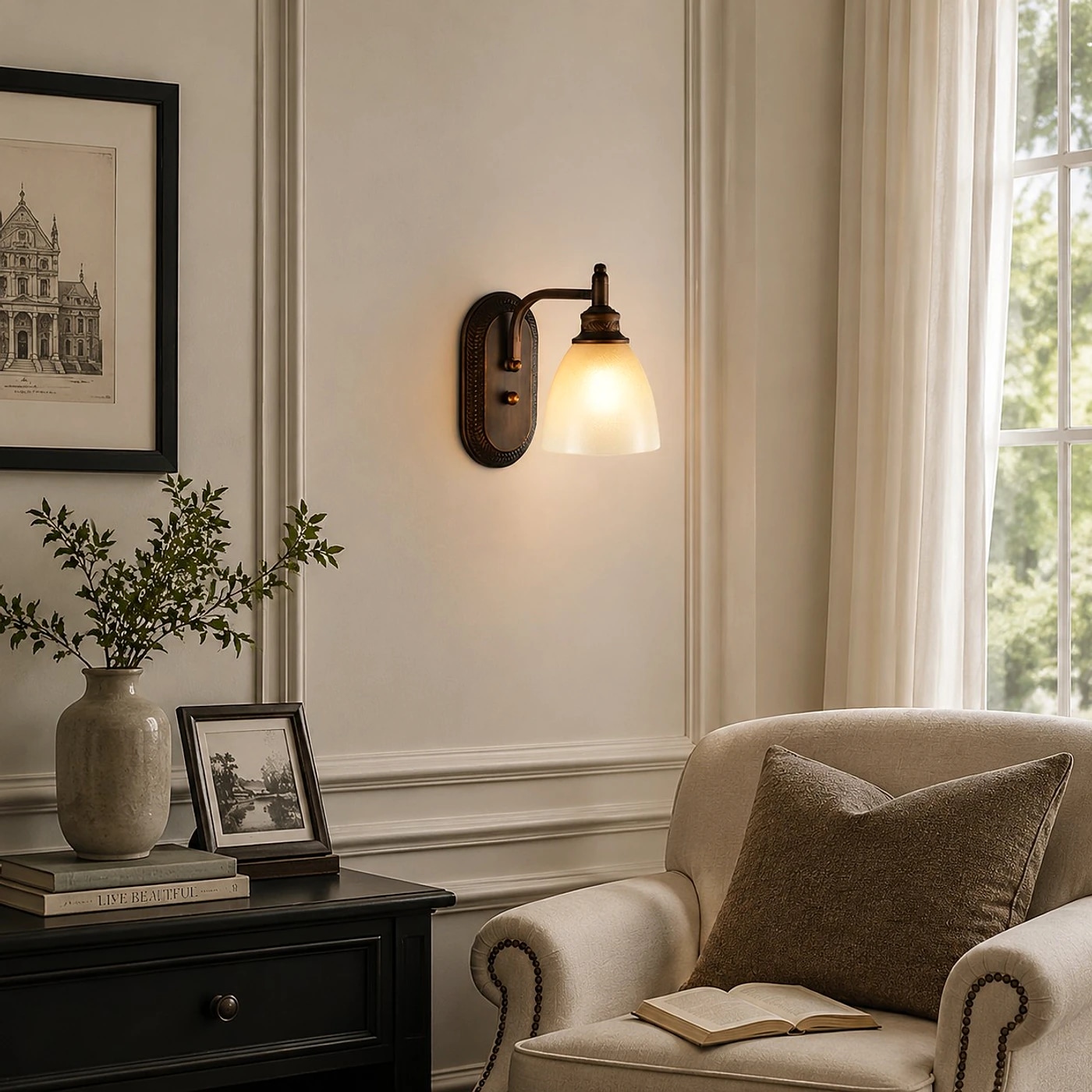 Wall sconce beside a lounge chair