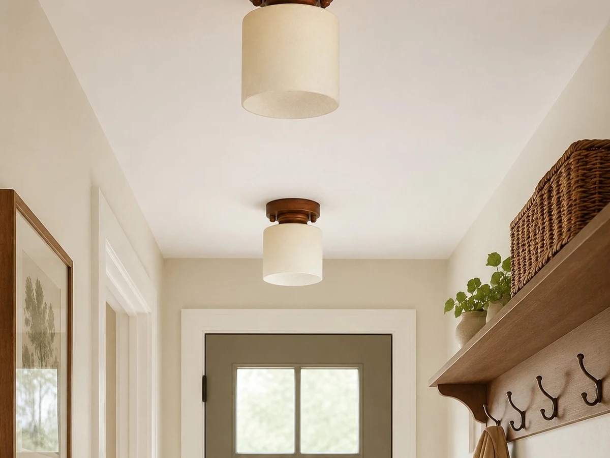 Small bronze glass flush mount ceiling light installed in an entryway