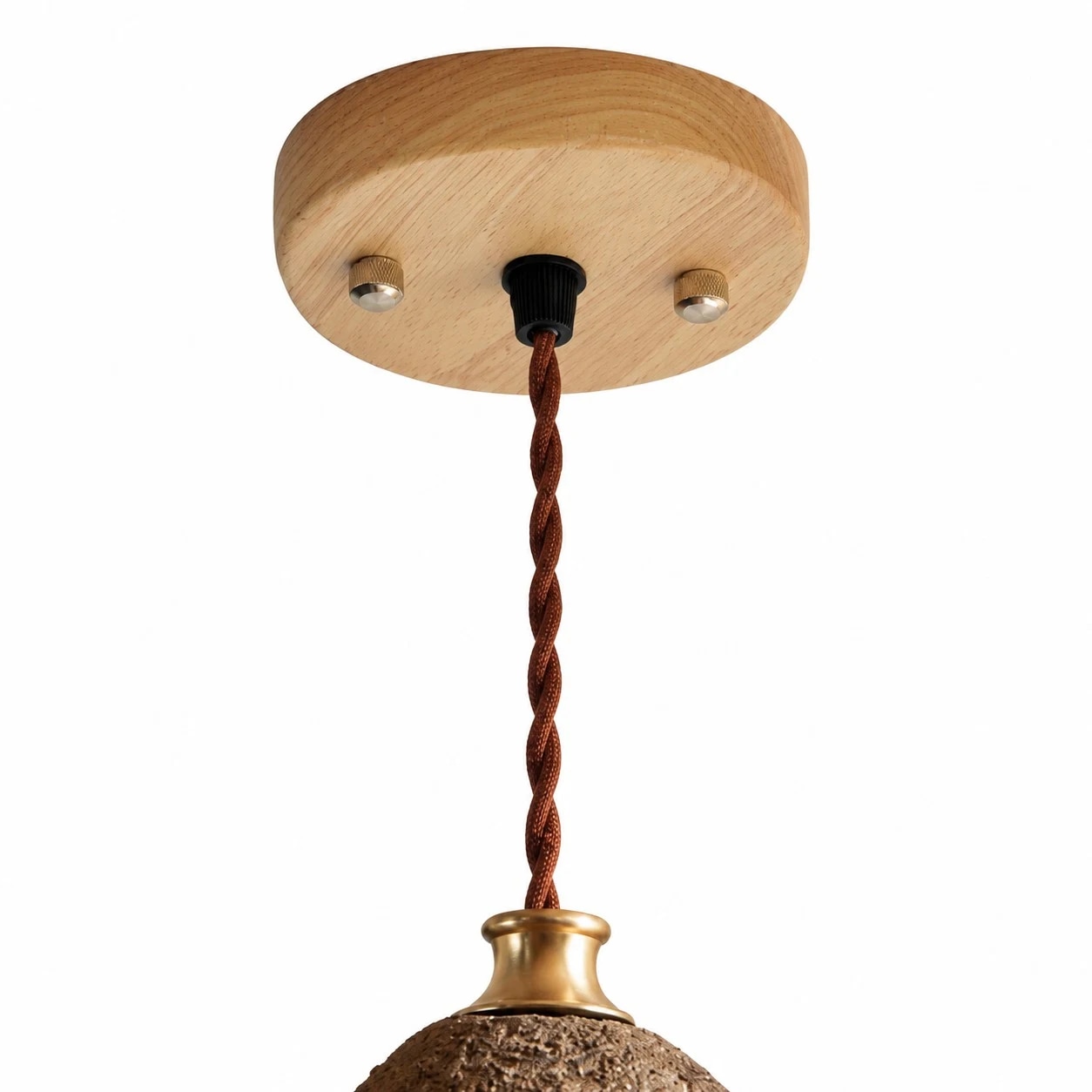 Wood ceiling canopy and twisted pendant cord detail
