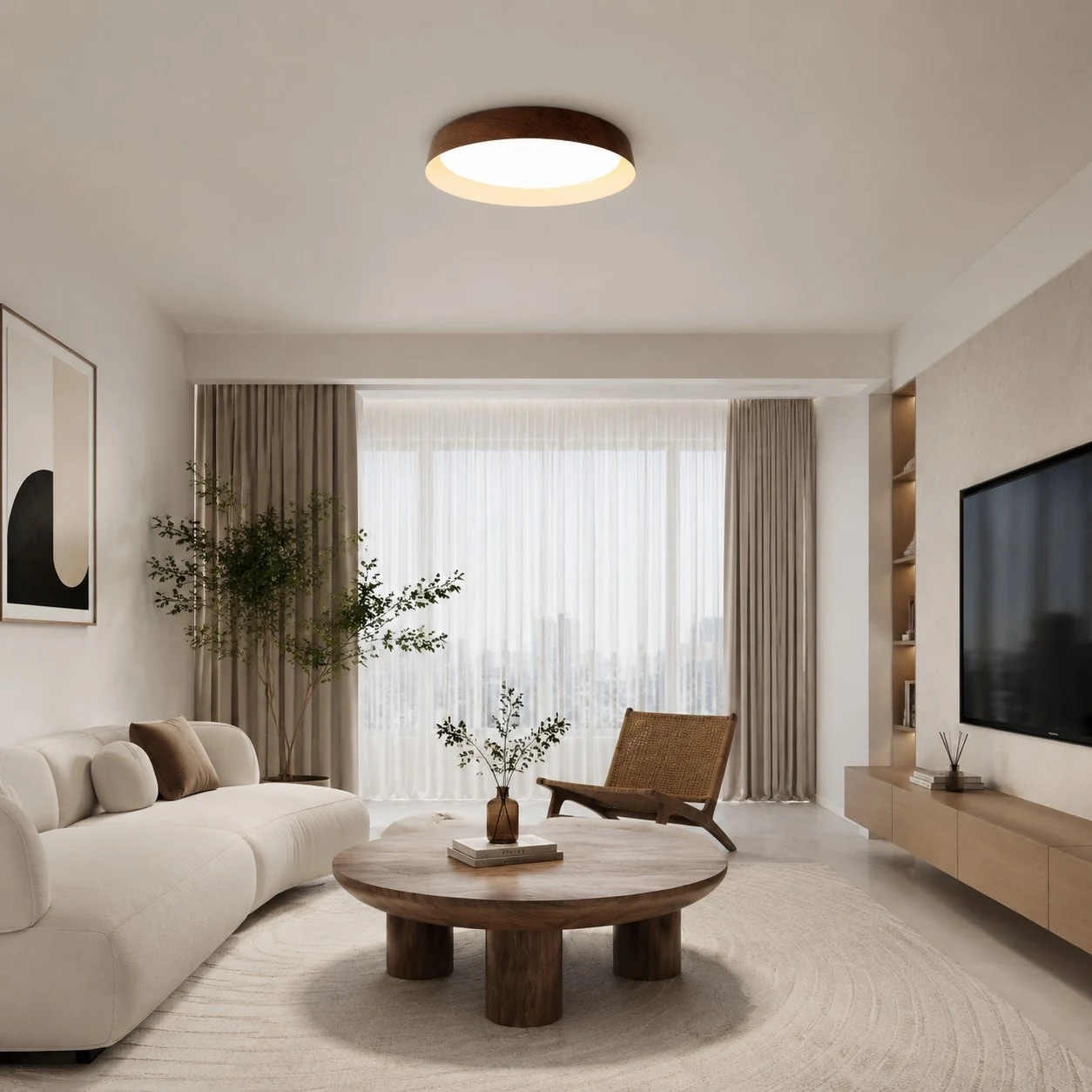 Complete wood color flush mount ceiling light in a calm living room
