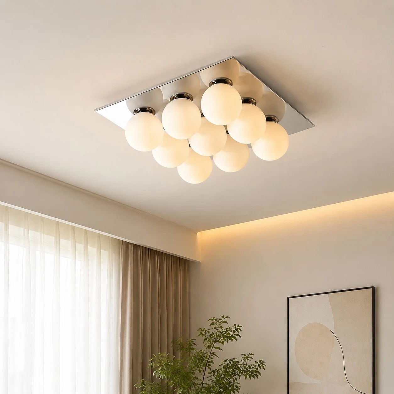 Nine-globe chrome ceiling light installed in a warm living room