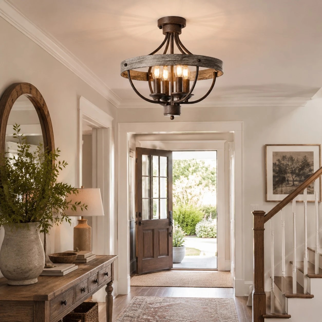Rustic ceiling light installed in a bright foyer