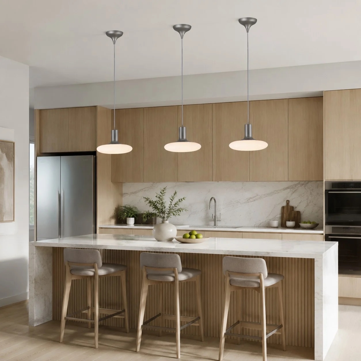 White glass chrome pendant lamps installed above a kitchen island