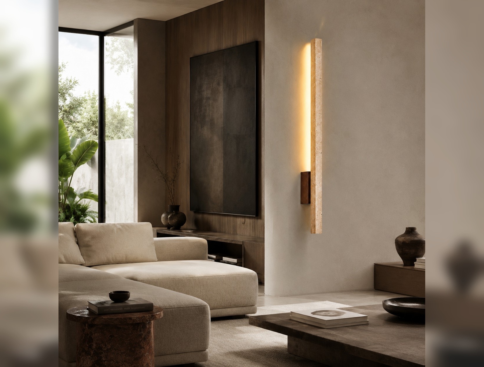 Linear Travertine And Wood LED Wall Light in room setting