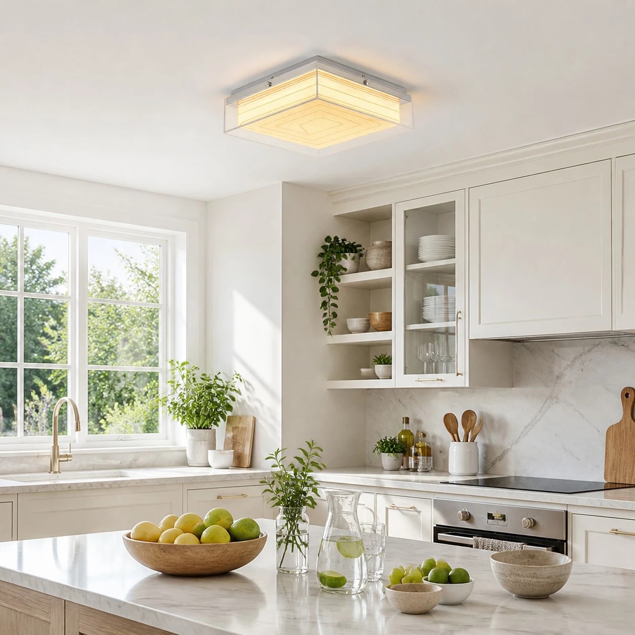 Square ceiling lamp lighting a kitchen workspace