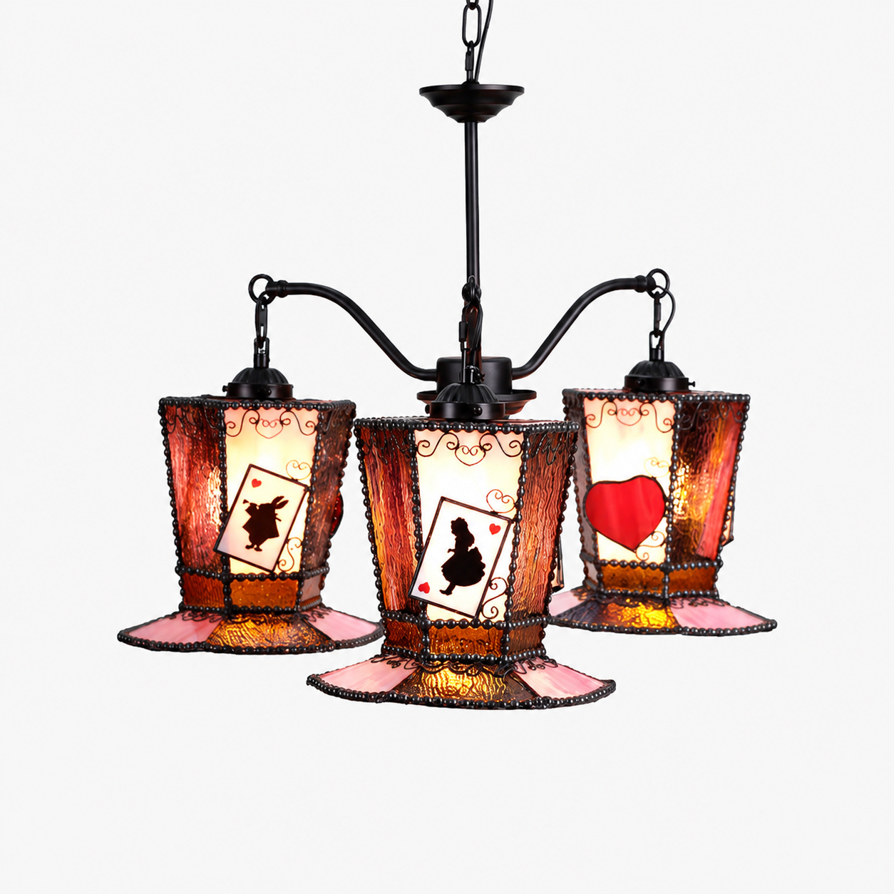 Pink purple stained glass chandelier with Alice-inspired playing card motifs