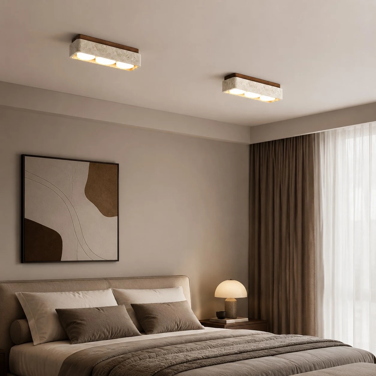 Square travertine ceiling light installed in a warm bedroom