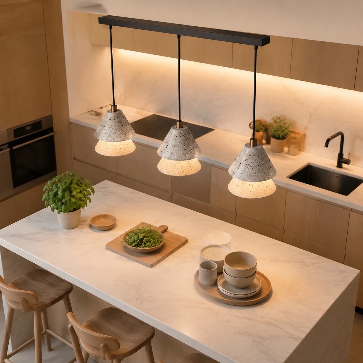 Pendant rail installed above a kitchen island