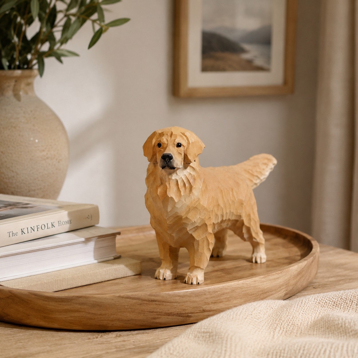 Golden-Retriever-Figur auf Tablett mit Büchern und Vase