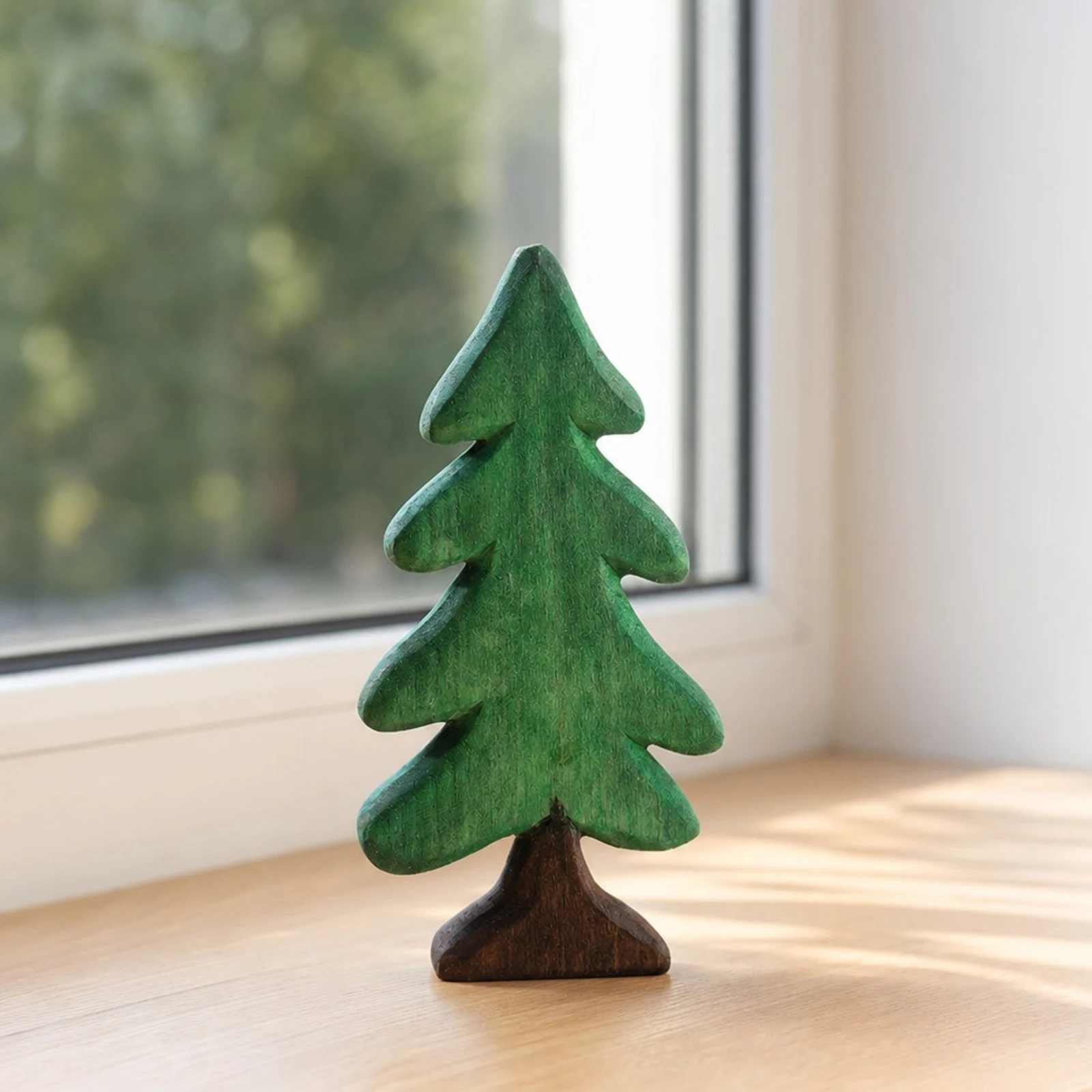 Groene houten dennenboomversiering naast een raam