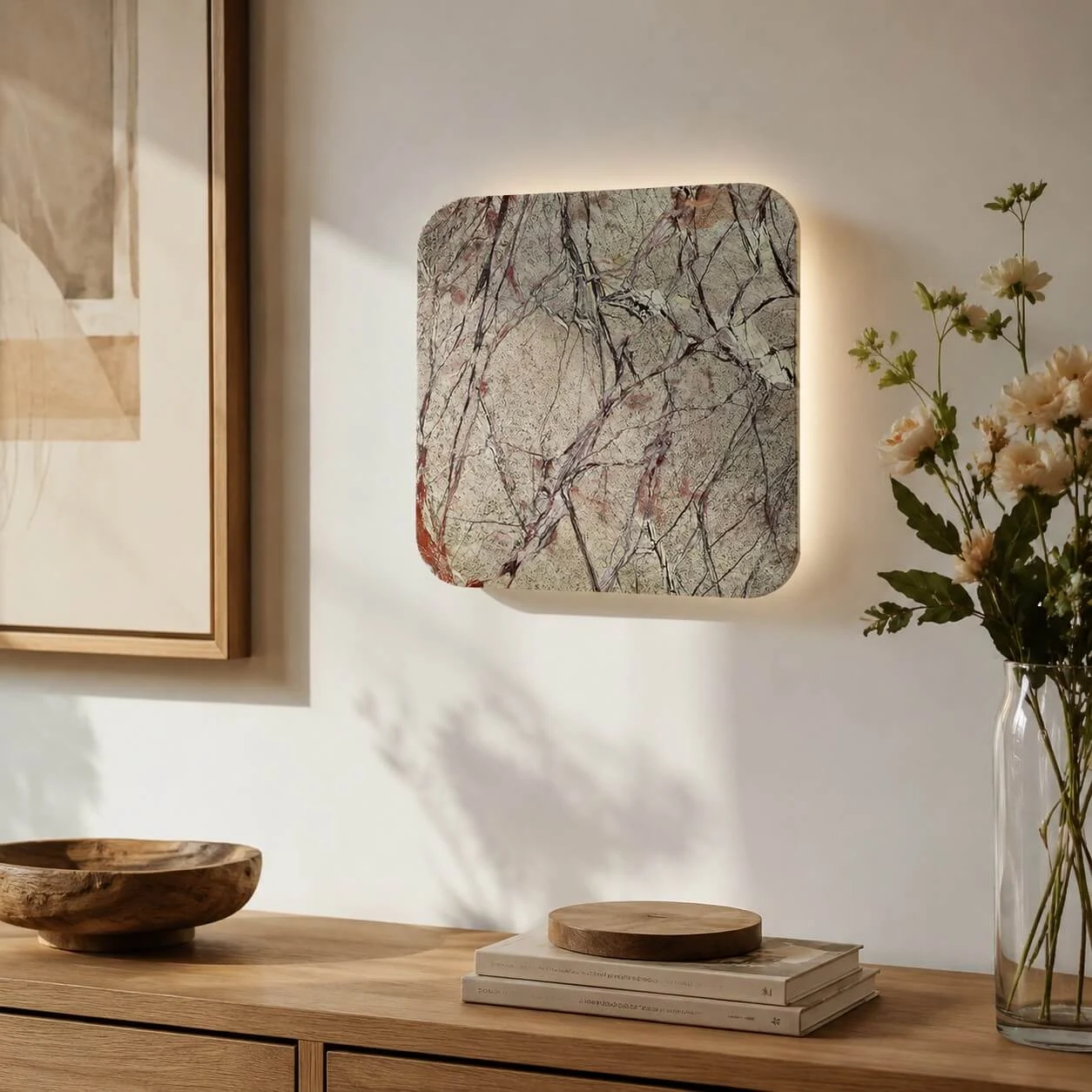 Stone wall light above console table