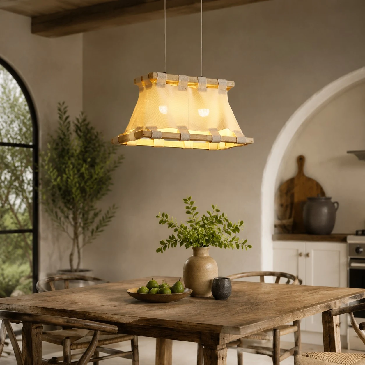 Weitere Raumansichten zur Veranschaulichung von Größe und Atmosphäre. 5 Wabi-Sabi Pendelleuchte aus Holz und Stoff
