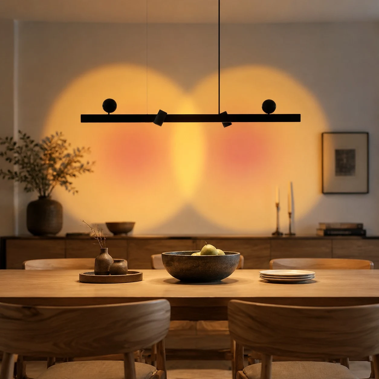 Zwarte lineaire hanglamp boven een eettafel met warmwitte wandlamp
