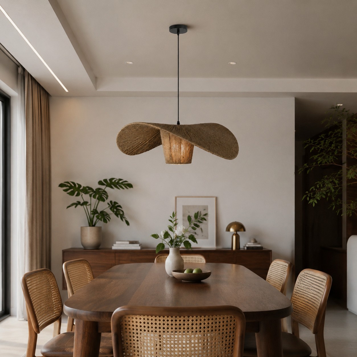 Handwoven pendant light with warm interior styling