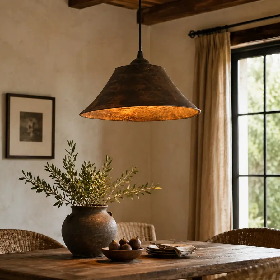 Hanglamp van donker hout boven een natuurlijke eettafel.