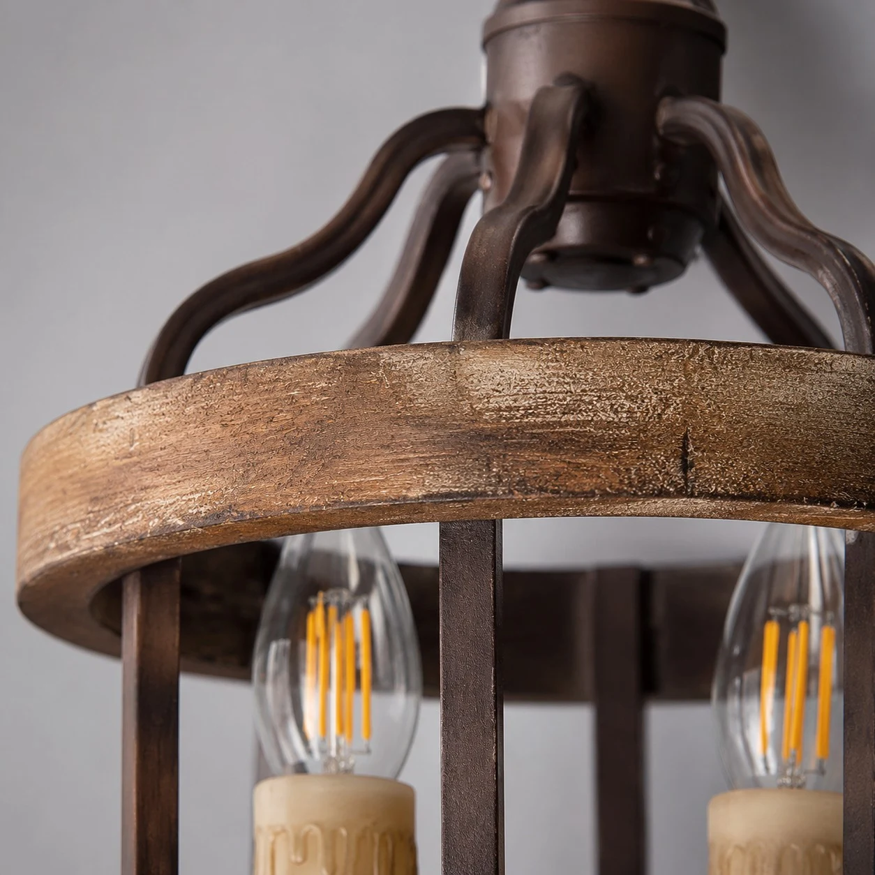 Aged wood texture and upper metal arm detail