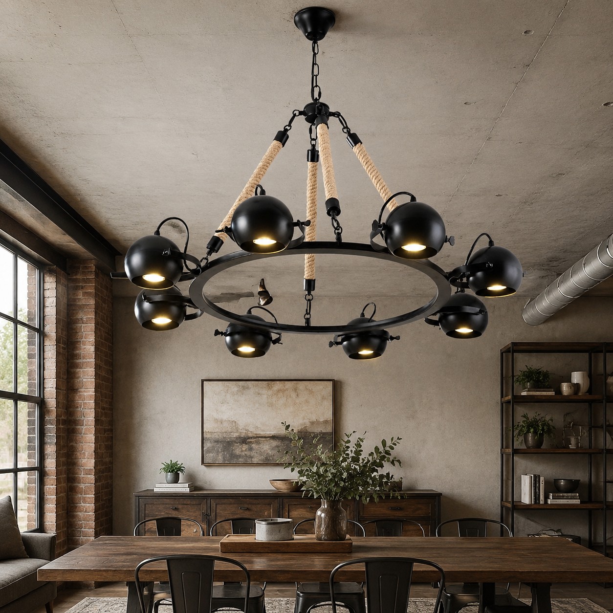 Een kroonluchter met acht touwkoppen boven een warme eettafel in een industriële ruimte.