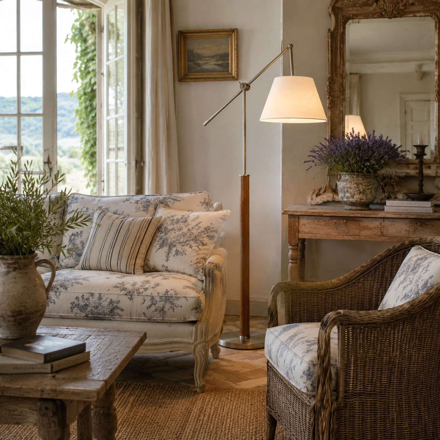 Vintage swing arm fabric floor lamp beside a reading chair