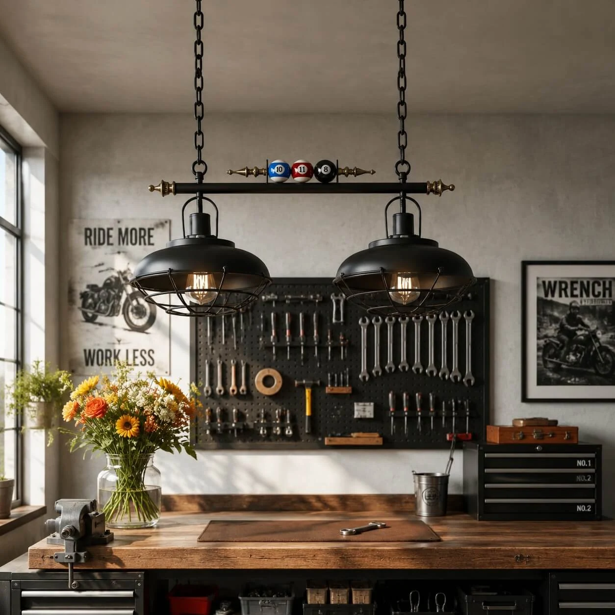 Black cage-shade billiard pendant over a workbench and cue rack
