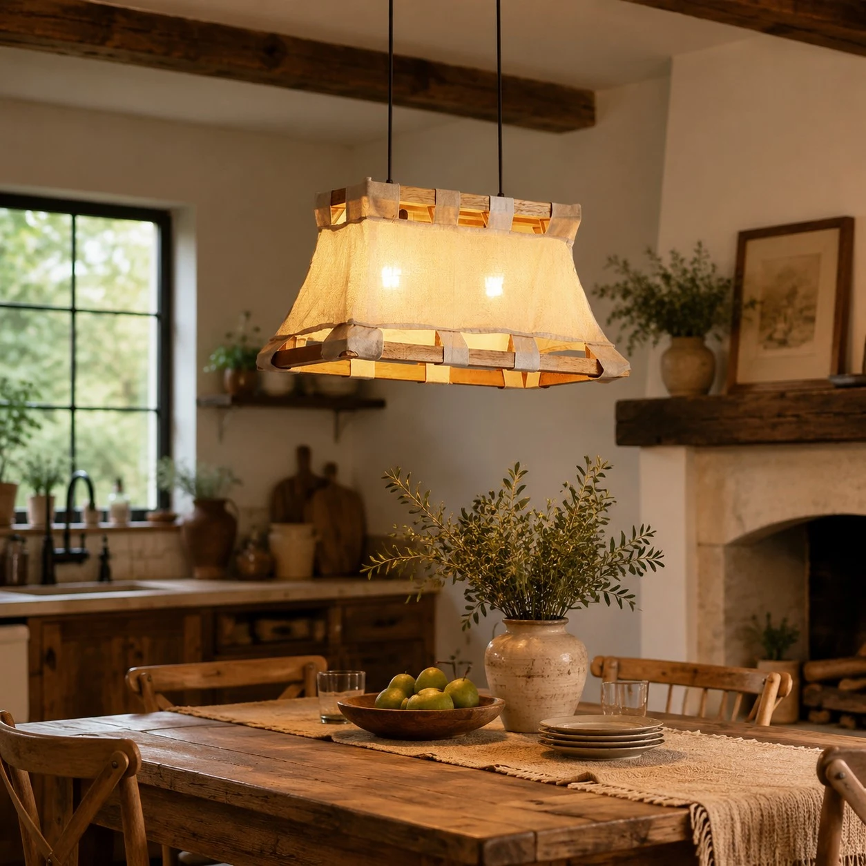 Weitere Raumansichten zur Veranschaulichung von Größe und Atmosphäre. 2 Wabi-Sabi-Hängeleuchten aus Holz und Stoff.