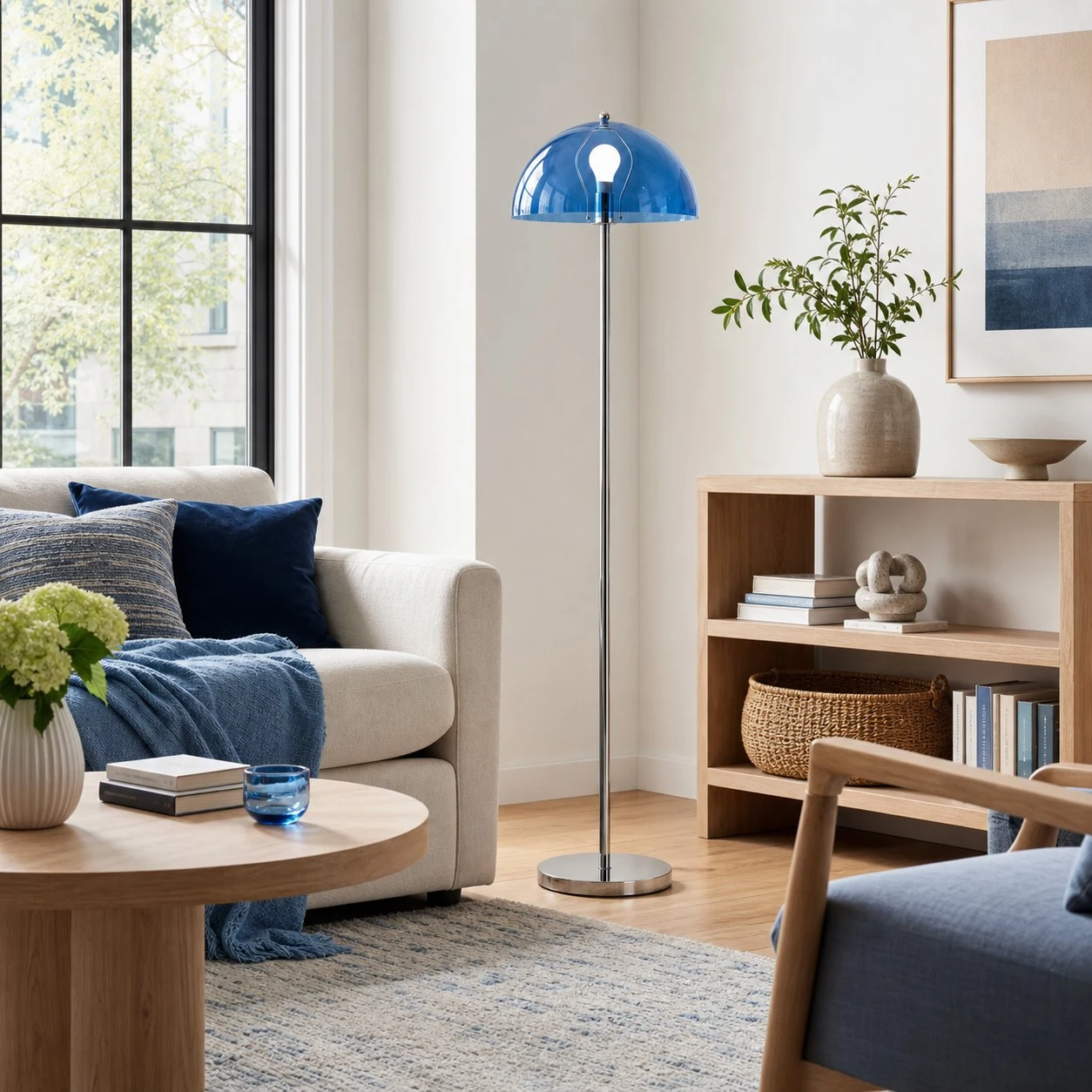 Lampadaire à dôme bleu dans un coin de salon moderne