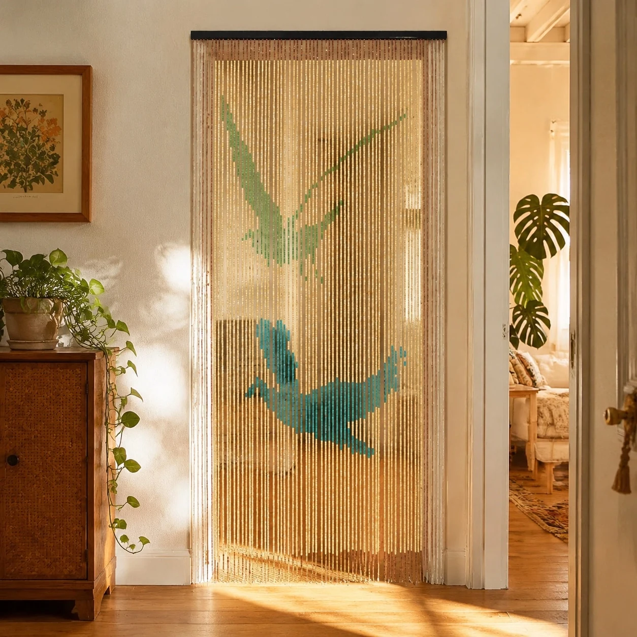 Tenda di perline di legno con luce naturale in un ingresso