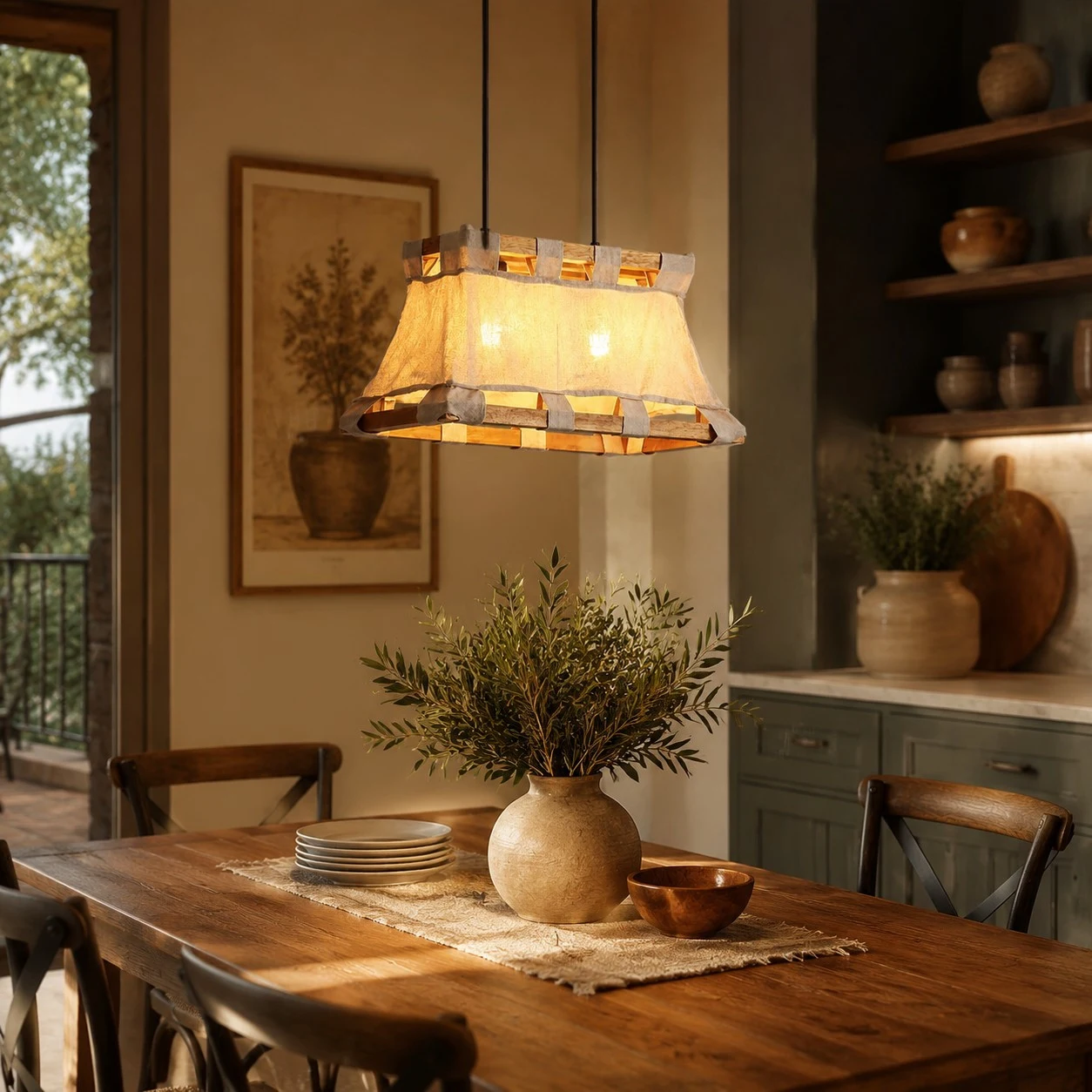 Weitere Raumansichten zur Veranschaulichung von Größe und Atmosphäre. 7 Wabi-Sabi Pendelleuchte aus Holz und Stoff