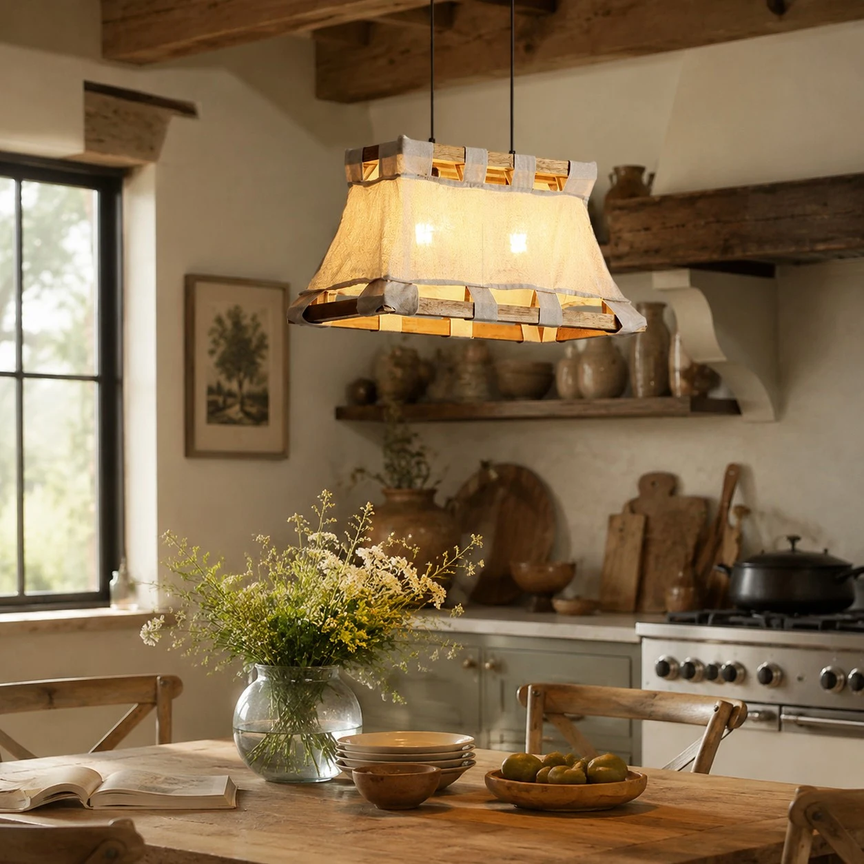 Weitere Raumansichten zur Veranschaulichung von Größe und Atmosphäre. 1 Wabi-Sabi-Hängeleuchte aus Holz und Stoff.