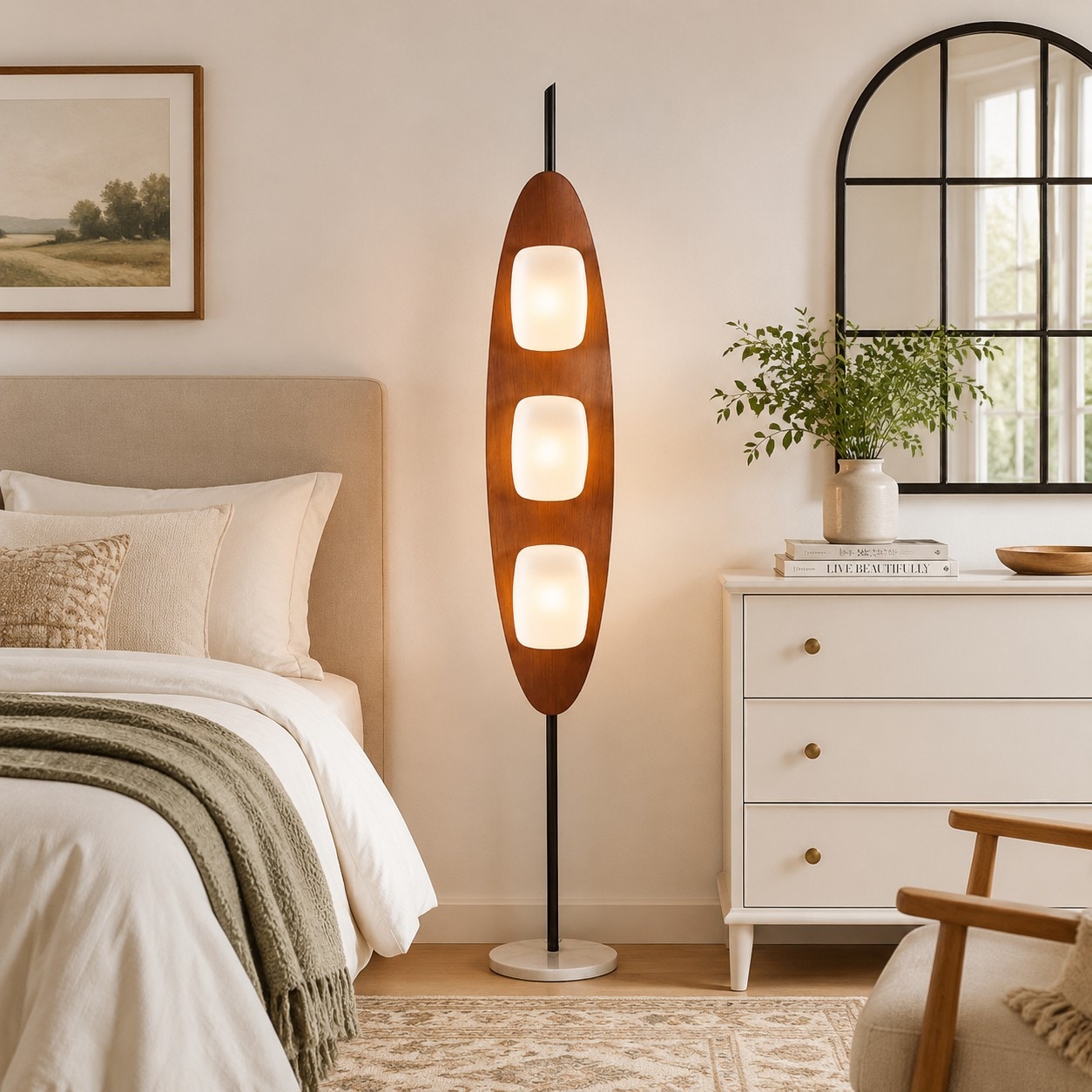 Bauhaus walnut tone floor lamp beside a bed and dresser in a warm bedroom