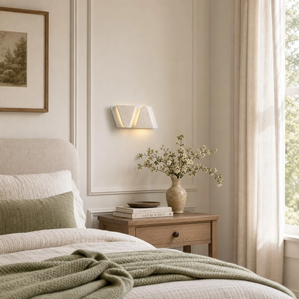 Travertine-texture multi-head wall sconce installed beside a bed