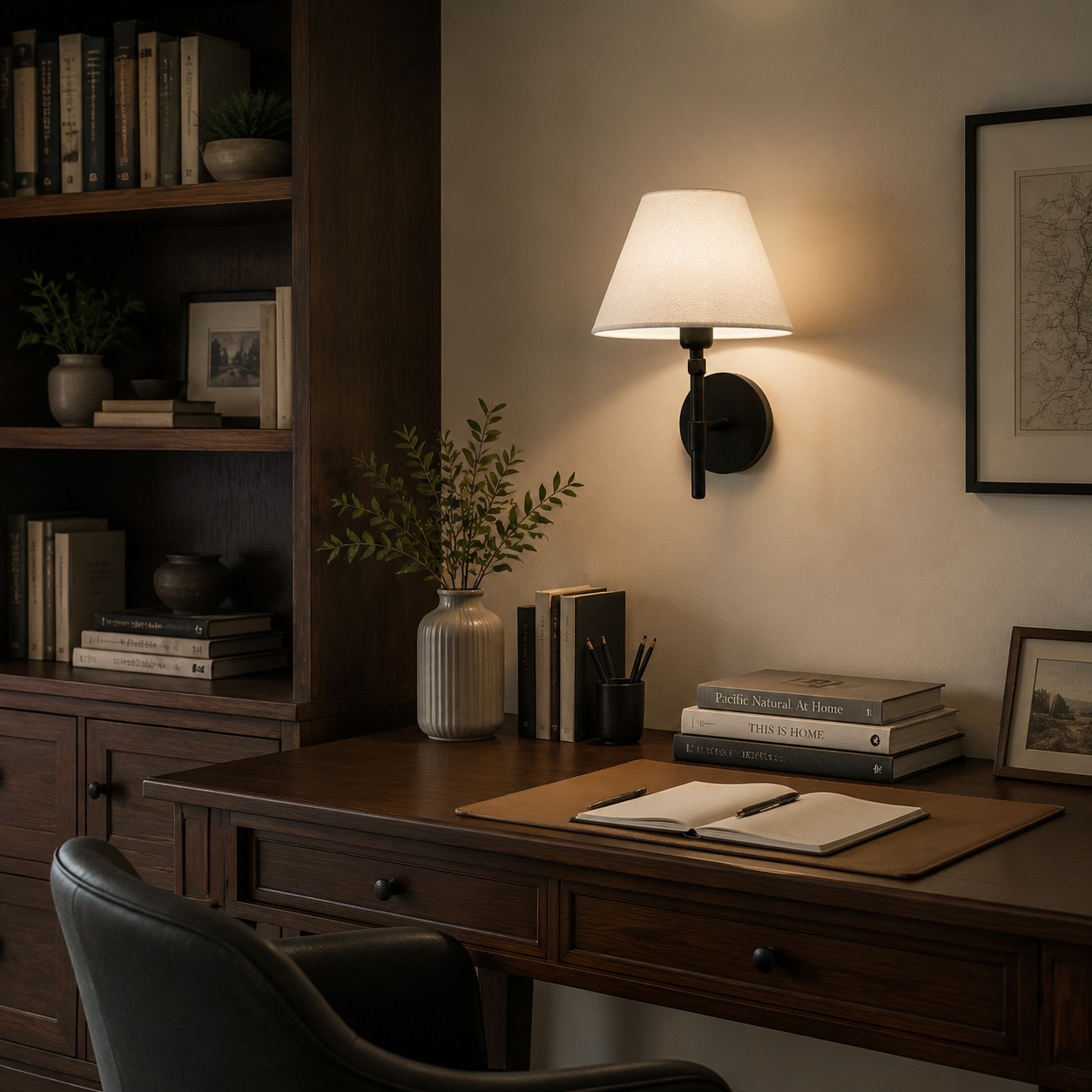 Fabric shade wall sconce with black iron frame