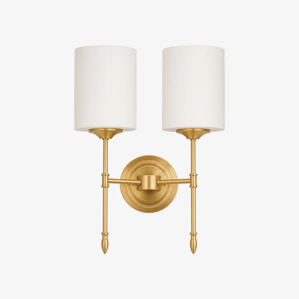 Two-head Style D wall light with opal glass shades