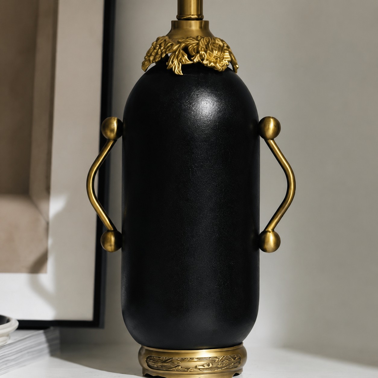 Full matte black vintage floral table lamp