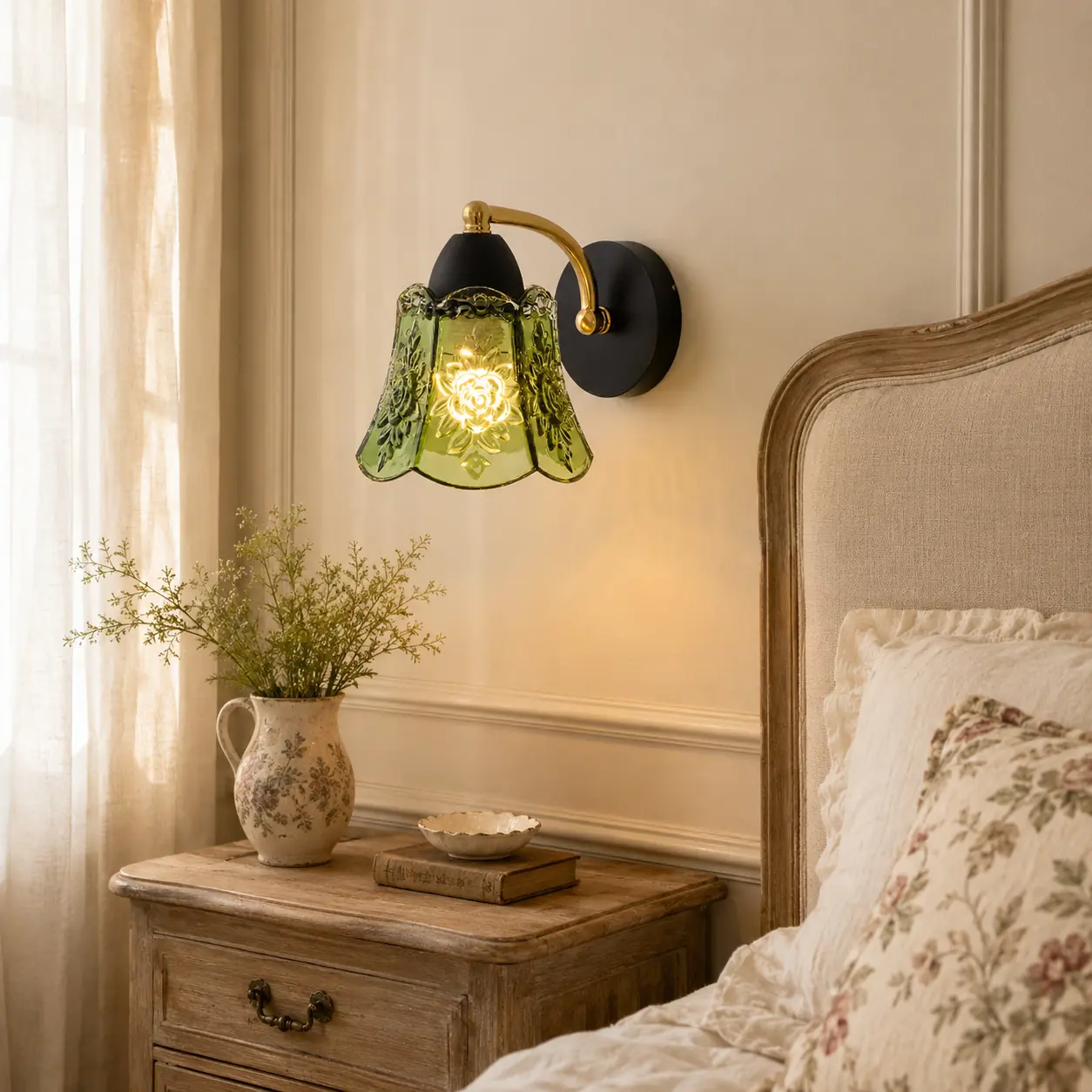 Vintage green glass wall lamp in a French country bedroom