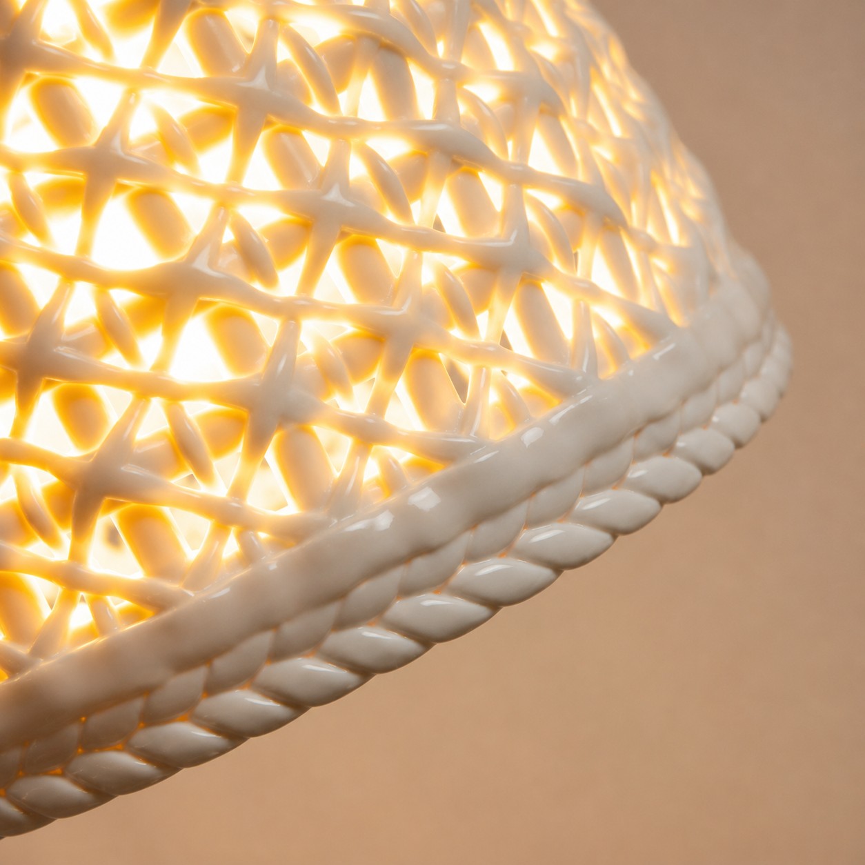Illuminated handwoven ceramic shade detail