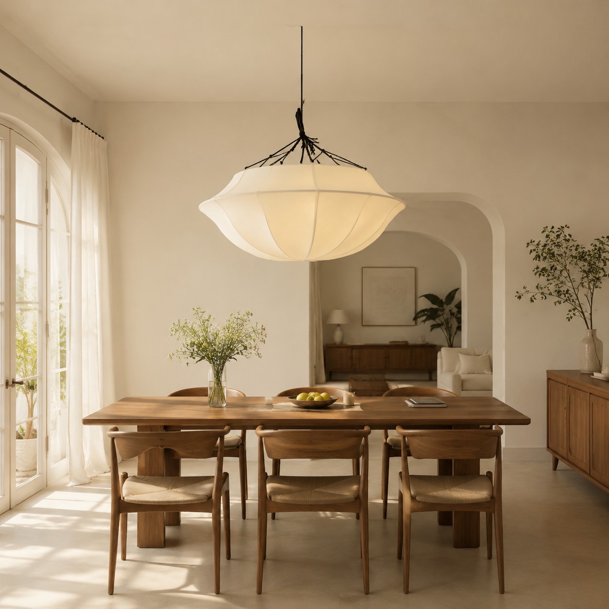 Ivory fabric chandelier in a dining room