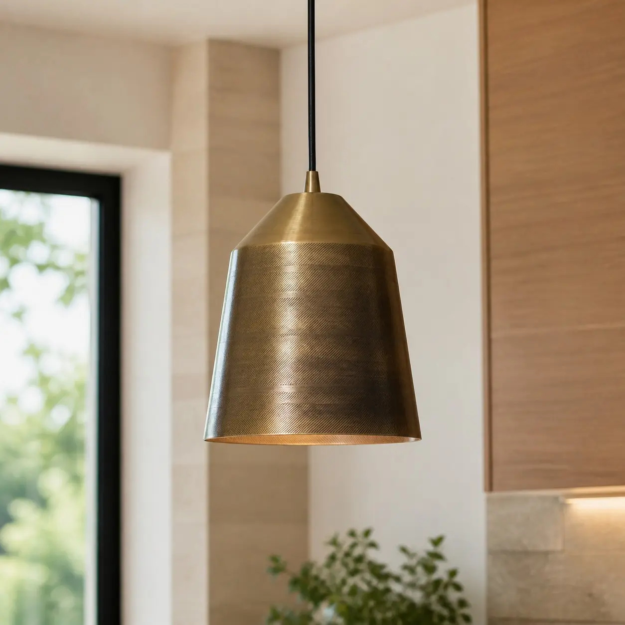 Vintage brass pendant lamp in a hospitality interior