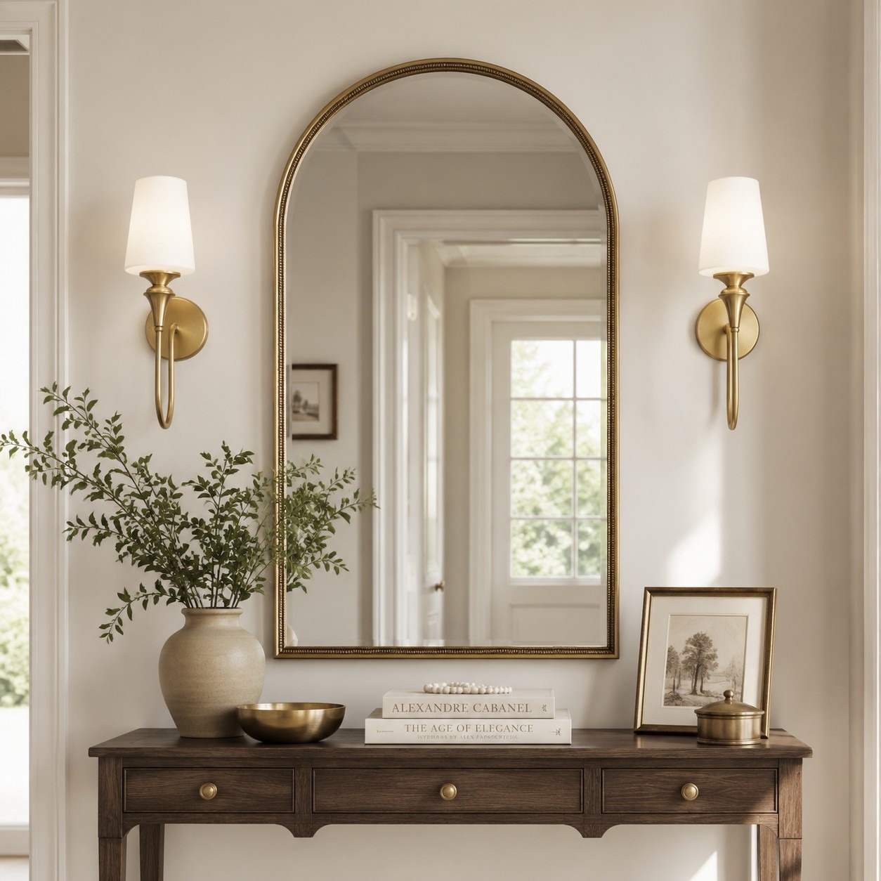 Antique brass wall sconce styled in an entryway