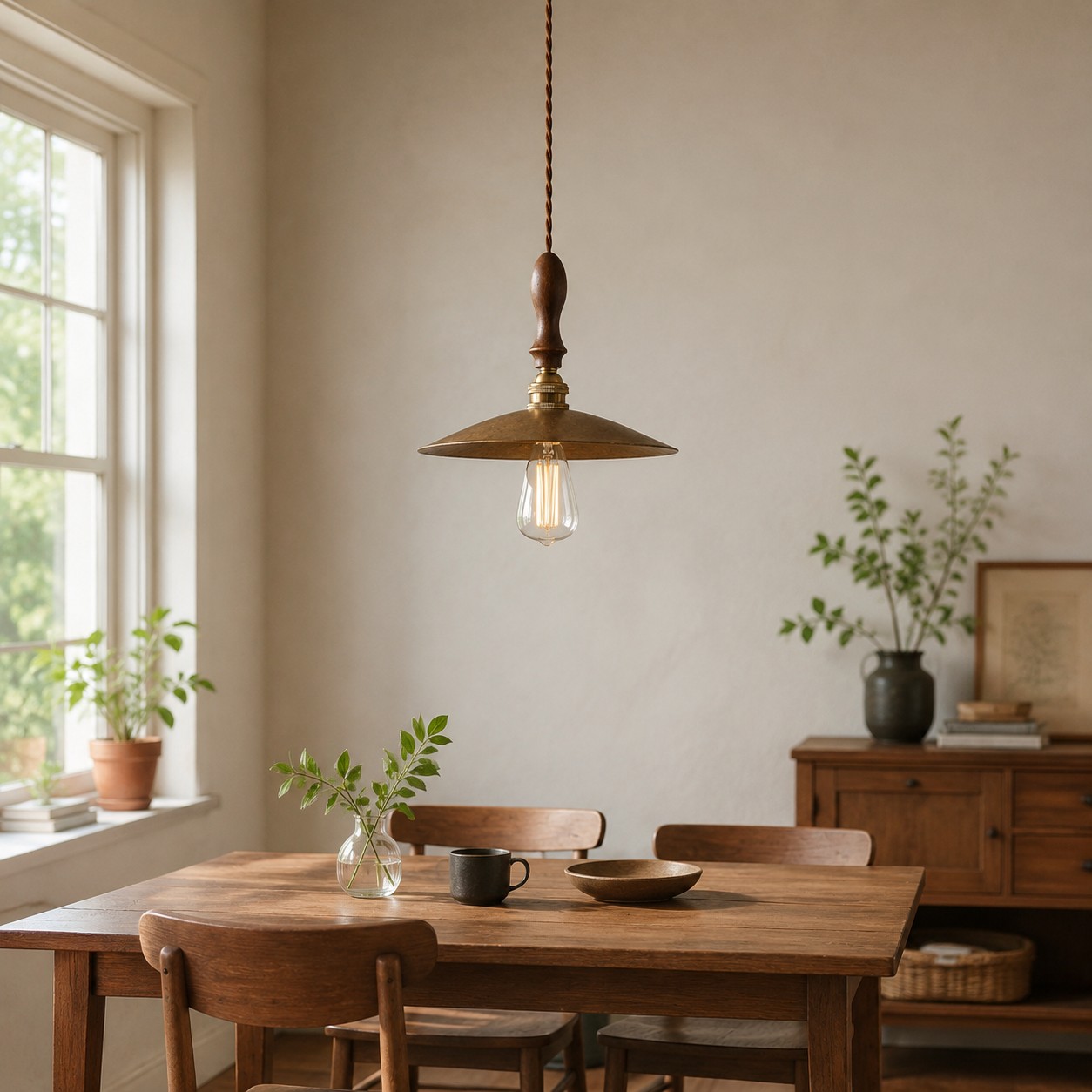 Vintage brass pendant above a dining table