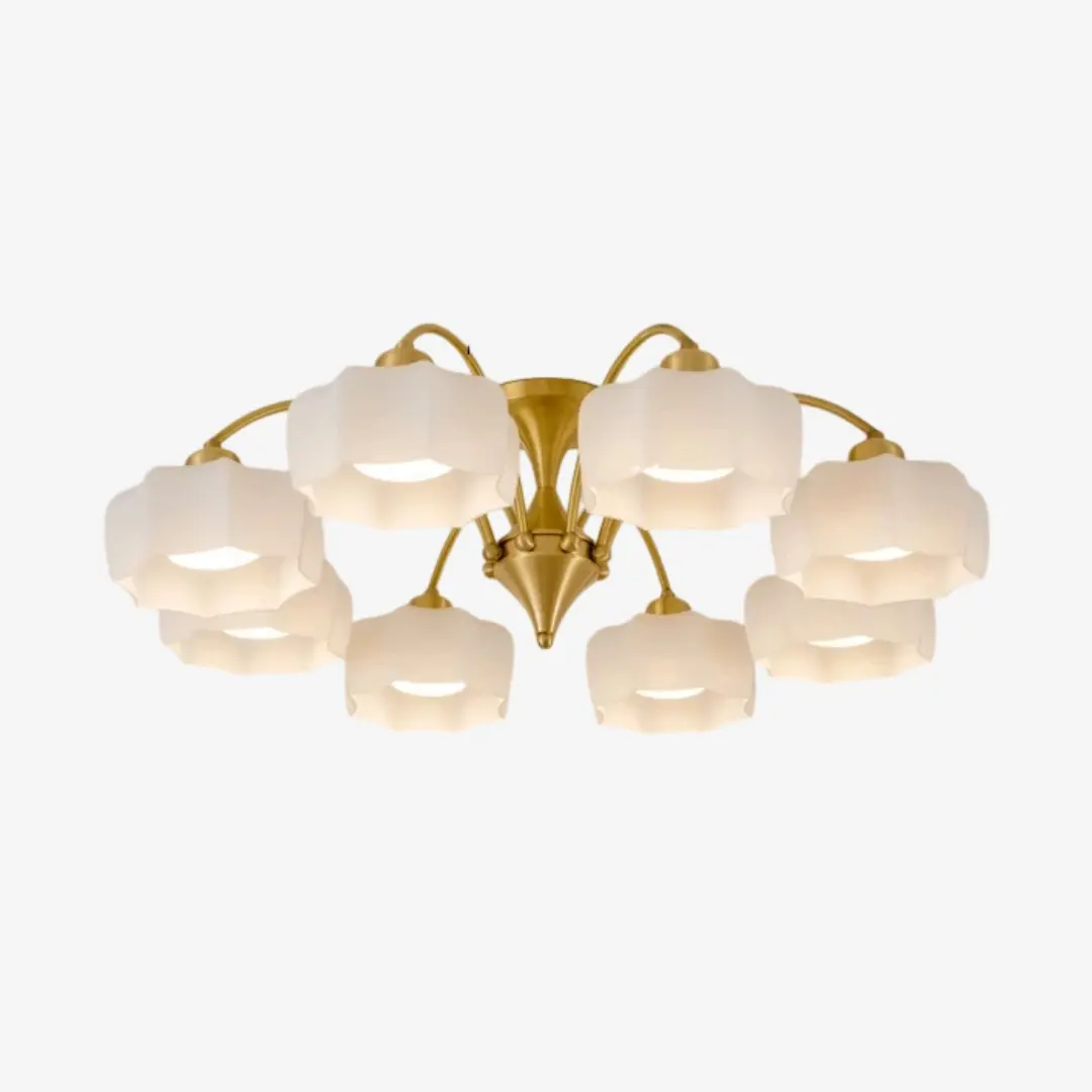Eight-light white glass flush mount with brushed gold frame